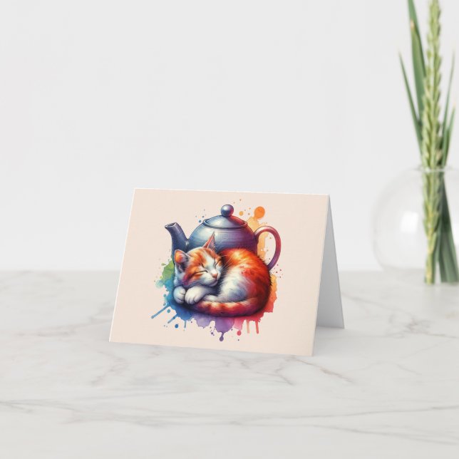 Watercolor Sleeping Cat Teapot Thank You Card (Front)