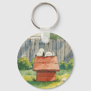 Watercolor Sleeping Dog on Red Doghouse Art Key Ring