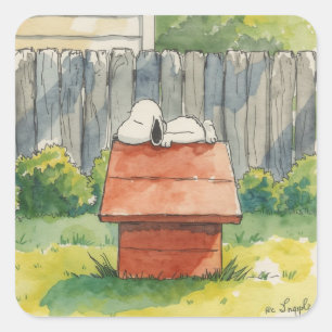 Watercolor Sleeping Dog on Red Doghouse Art Square Sticker