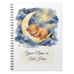 Watercolor Sleeping Highland Calf on Crescent Moon Notebook