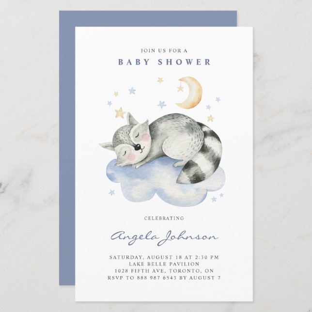 Watercolor Sleeping Racoon Baby Shower Invitation (Front/Back)