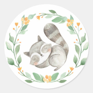 Watercolor Sleeping Racoon Wreath Baby Shower Classic Round Sticker