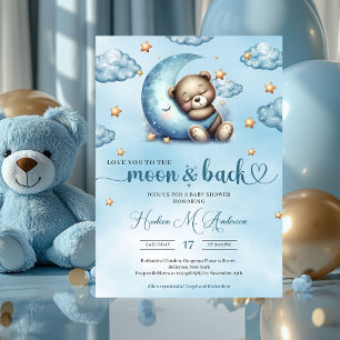Watercolor sleepy baby bear blue moon gold stars invitation