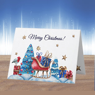 Watercolor Sleigh & Gifts Merry Christmas Holiday Card