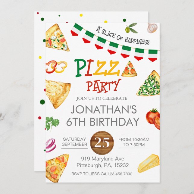 Watercolor Slice Kids Pizza Party Birthday Invitat Invitation (Front/Back)