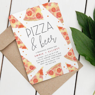 Watercolor Slice Pizza & Beer Rehearsal Dinner Invitation