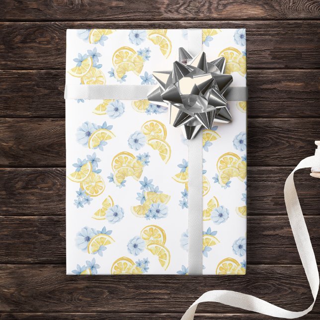 Watercolor Sliced Lemons and Flowers Wrapping Paper (Watercolor Lemon & Blue Flower Gift Wrap for Baby Shower, Birthday or Main Squeeze Bridal Shower)