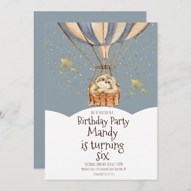 Watercolor Sloth Airballoon Birthday Dusty Blue Invitation (Front/Back)