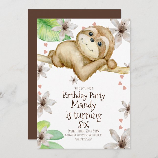 Watercolor Sloth Heart Floral Birthday  Invitation (Front/Back)