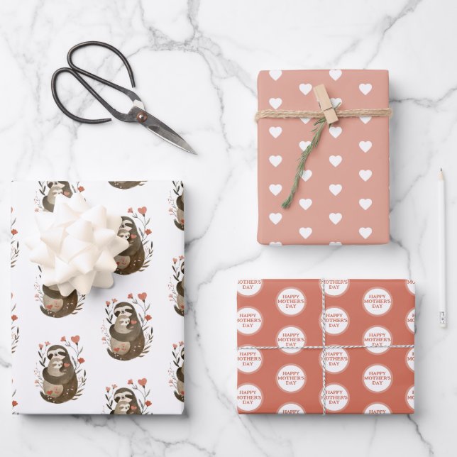 Watercolor Sloth Illustration Happy Mother's Day Wrapping Paper Sheet (Front)