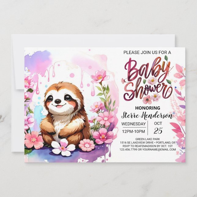 Watercolor Sloth Whimsy Baby Shower Invitation (Front)