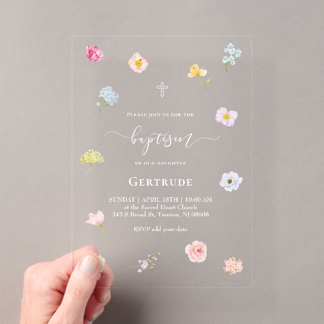watercolor small flowers Baptism Acrylic Invitations (Insitu (Handheld))
