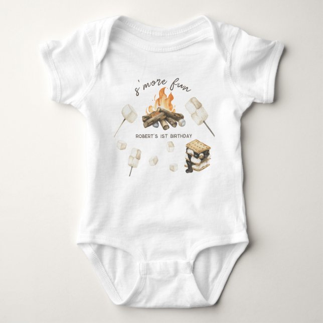 Watercolor S'more Campfire 1st Birthday Baby Bodysuit (Front)