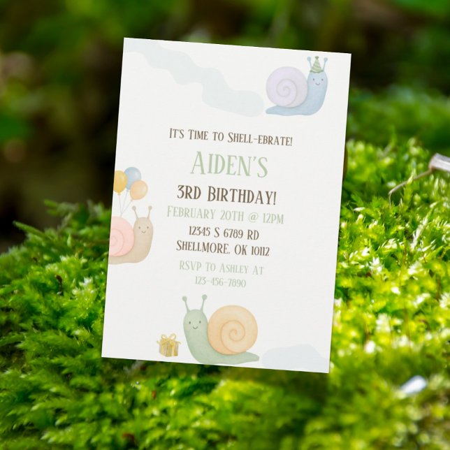 Watercolor Snail Birthday Party Invitation (Snail-themed watercolor birthday invitation design with cute shell-ebration elements)