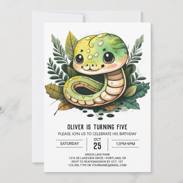 Watercolor Snake Reptile Kids Birthday Invitation (Front)