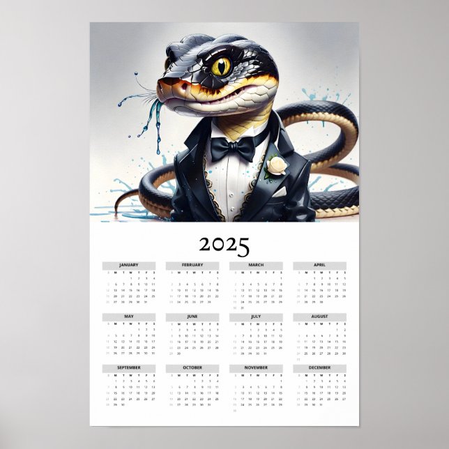 Watercolor Snake Tuxedo Bow Tie 2025 Wall Calendar Poster (Front)