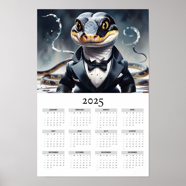 Watercolor Snake Wearing Tuxedo 2025 Wall Calendar Poster (Front)