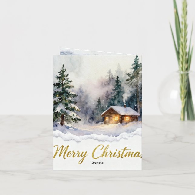 Watercolor Snow Cabin Christmas Card – Cosy Winter (Back)