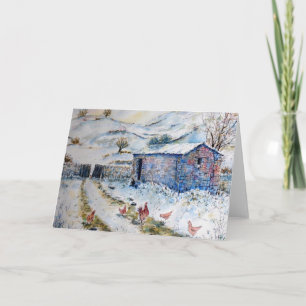 Watercolor Snow Chickens Landscape Greeting Card