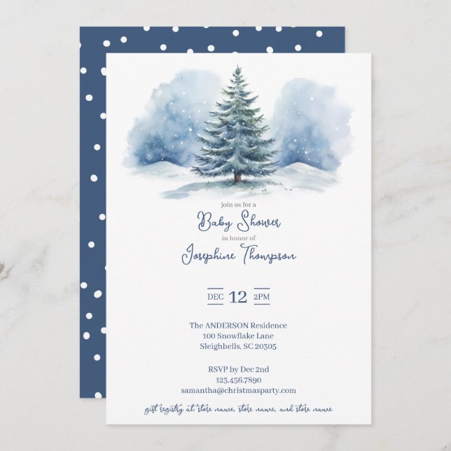 Watercolor Snow Covered Evergreen Baby Shower Invitation (Front/Back)