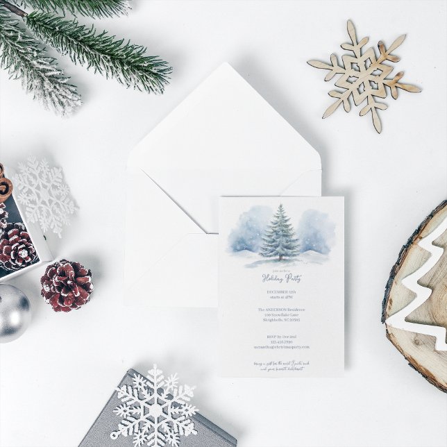Watercolor Snow Covered Evergreen Holiday Party Card (Creator Uploaded)