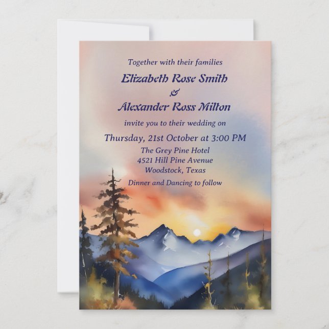 Watercolor snow covered mountain wedding invitation (Front)