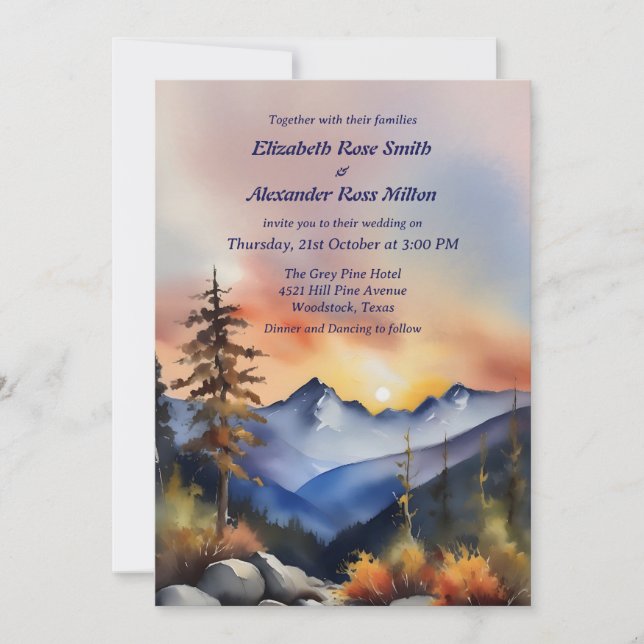 Watercolor snow covered mountains wedding invitation (Front)