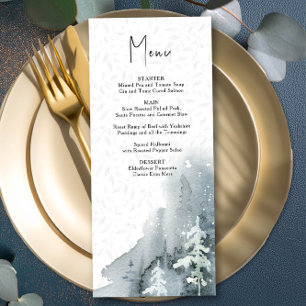 Watercolor Snow Forest Dusty Blue Winter Wedding M Menu