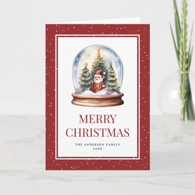 Watercolor Snow Globe Red Photo Merry Christmas Holiday Card (Front)