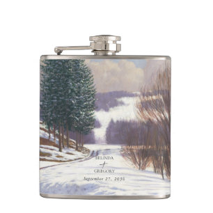 Watercolor Snow Landscape Wedding Hip Flask