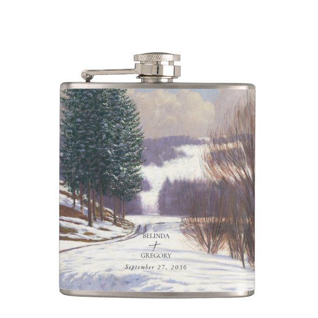 Watercolor Snow Landscape Wedding Hip Flask (Front)