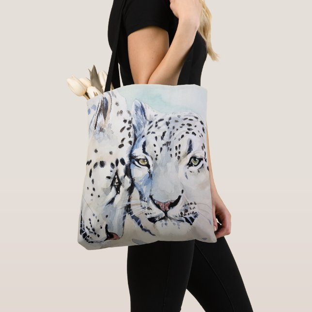 Watercolor Snow Leopards Nuzzling Tote Bag (Close Up)