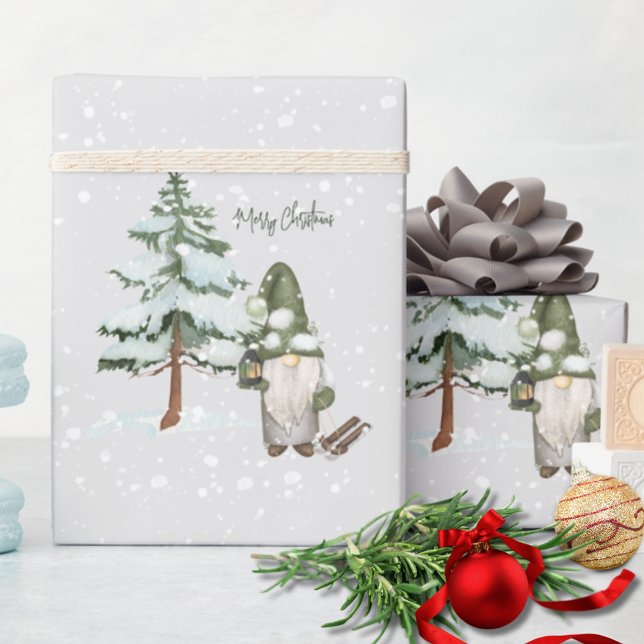 Watercolor Snow Modern Cute Green Gnome Christmas Wrapping Paper (Creator Uploaded)
