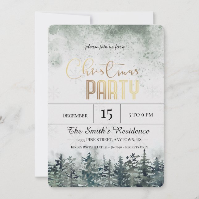 Watercolor Snow Pine Forest Christmas Invitation (Front)