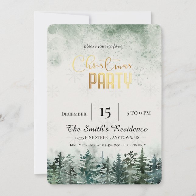 Watercolor Snow Pine Forest Invitation (Front)