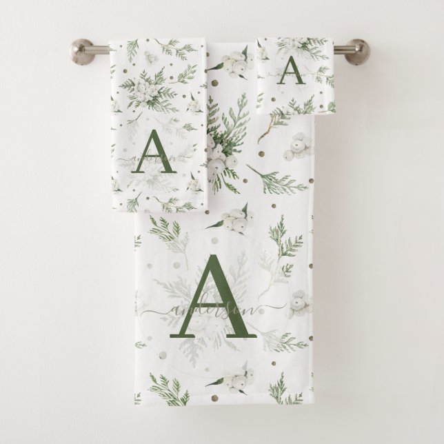 Watercolor Snowberry White Cedar Branch Christmas Bath Towel Set (Insitu)