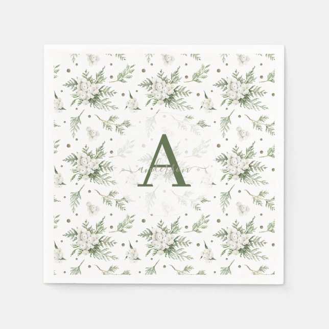 Watercolor Snowberry White Cedar Branch Christmas Napkin (Front)