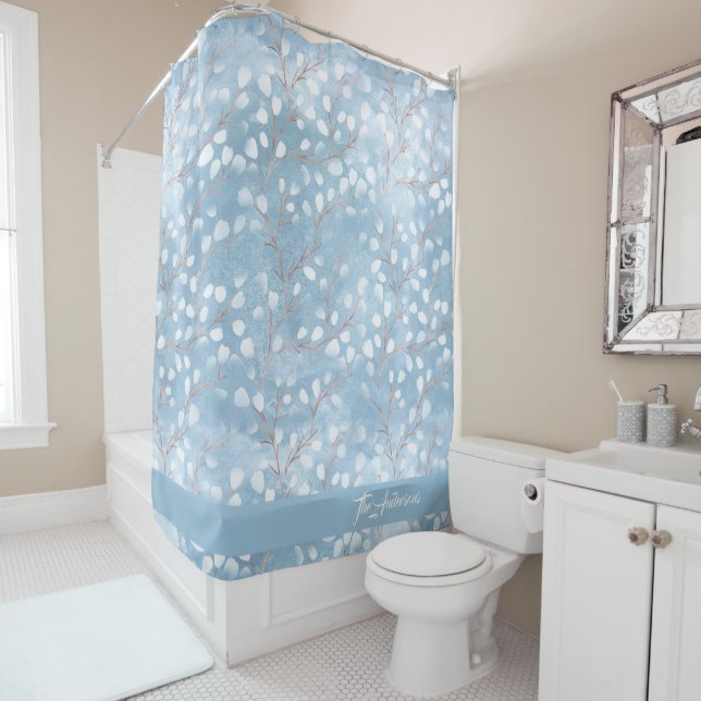 Watercolor Snowdrops Pattern Dusty Blue ID726 Shower Curtain (In Situ)