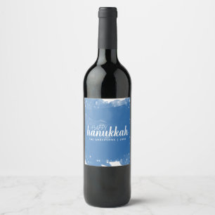 Watercolor Snowfall Happy Hanukkah Holiday Wine Label