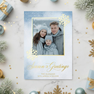 Watercolor Snowflake Blue Photo Seasons Greetings Foil Holiday Card