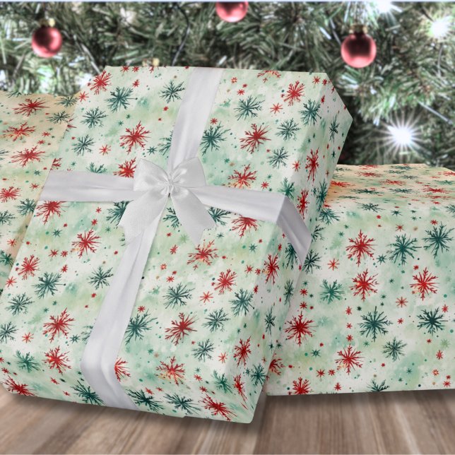 Watercolor Snowflake Christmas Wrapping Paper (Festive Holiday Red And Green Snowflake Christmas Wrapping Paper)