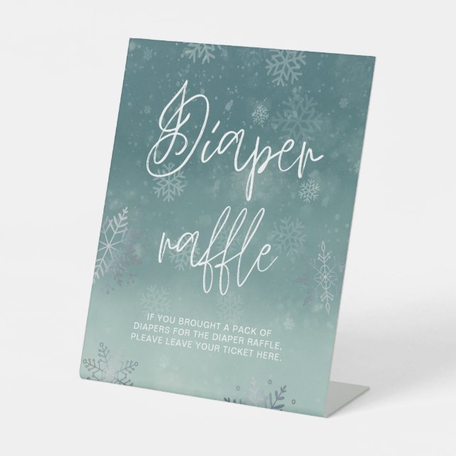 Watercolor Snowflakes Baby Shower Diaper Raffle  Pedestal Sign (Front)
