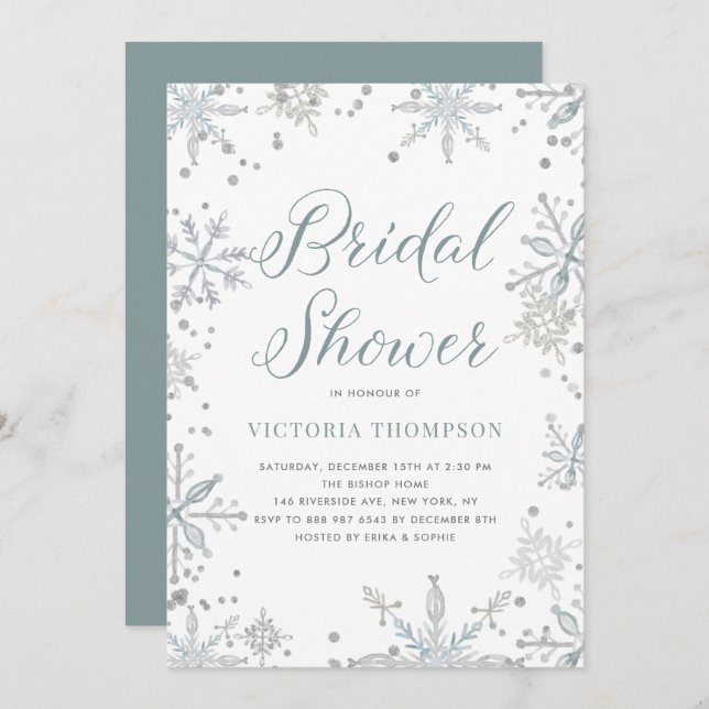 Watercolor Snowflakes Glitter Winter Bridal Shower Invitation (Front/Back)