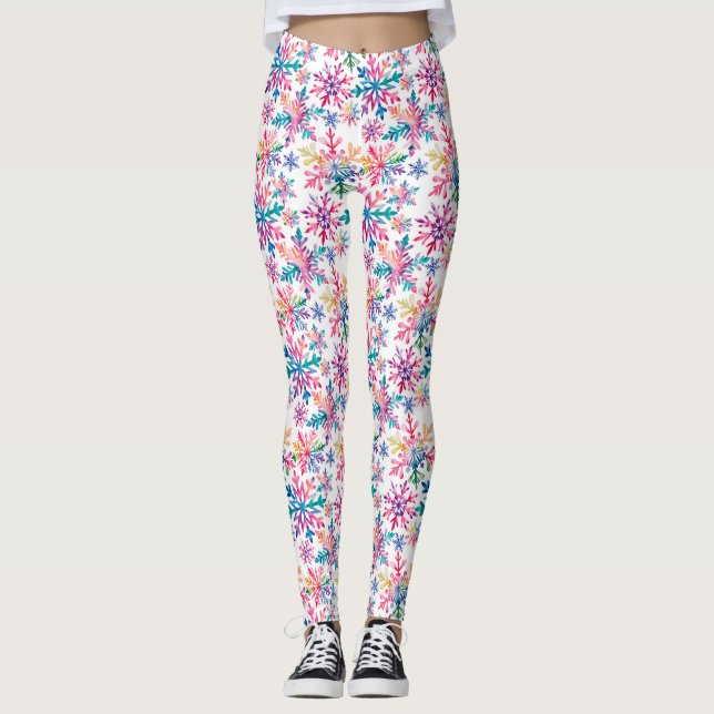 Watercolor Snowflakes Pattern Leggings (Front)