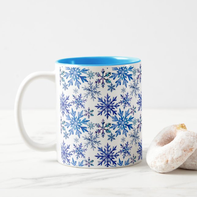 Watercolor Snowflakes Pattern Two-Tone Coffee Mug (With Donut)