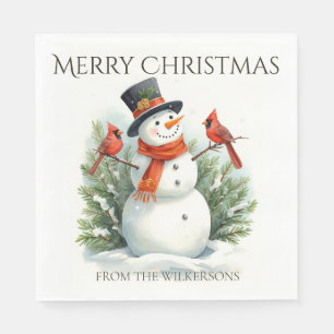 Watercolor Snowman and Cardinals Custom Name Xmas Napkin