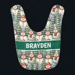 Watercolor Snowman Christmas Personalised  Bib<br><div class="desc">Watercolor cosy snowmen in warm red scarves and warm knit hats and a pretty green,  red and blue pine tree background personalised Christmas baby bib.</div>