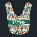 Watercolor Snowman Christmas Personalised  Bib<br><div class="desc">Watercolor cosy snowmen in warm red scarves and warm knit hats and a pretty green,  red and blue pine tree background personalised Christmas baby bib.</div>