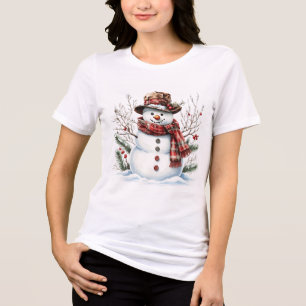 Watercolor Snowman Classic Plaid Scarf Winter Tri-Blend Shirt