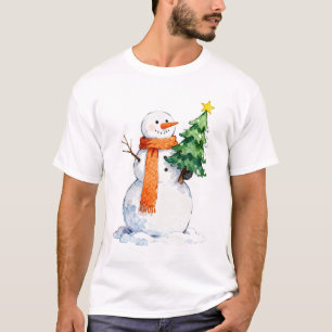Watercolor Snowman Holding a Christmas Tree Winter T-Shirt